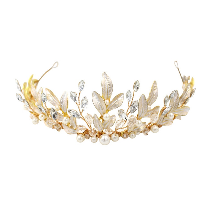 Vintage Aristocratische Gold Strass Parel Kristal Bladeren Noble Vrouwen Bruid Kroon Bruiloft Hoofdband Haaraccessoires