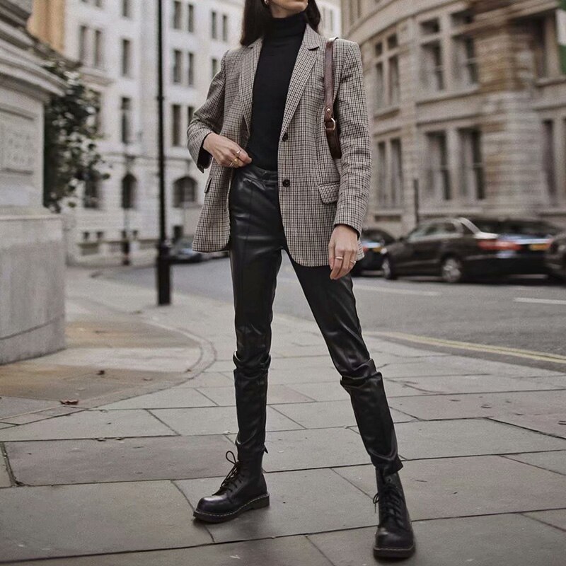 Kvinder plaid tweed nederdele jakkesæt forår langærmet houndstooth kontor blazer jakke & nederdel 2 styks sæt kvinder jakkesæt
