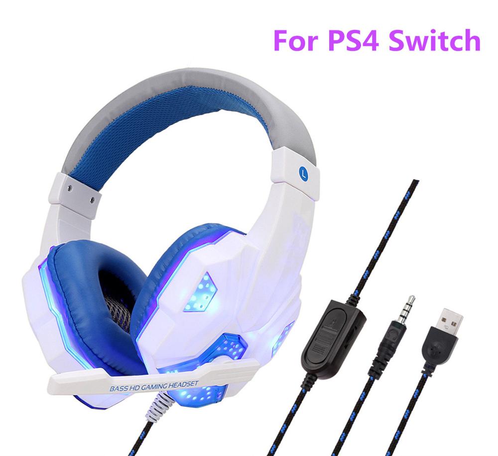 Professionele Bas Gamer Wired Hoofdtelefoon Voor PS4 Schakelaar Xbox Een Gaming Headset Met Microfoon Led Light Computer Pc Telefoon Headset: WhiteBlue PS4 Switch