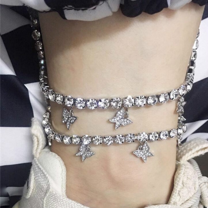 Stainless Steel Shining Rhinestone Ankle Chain Butterflies Pendant Anklet for Women Foot Jewelry Luxury Simple