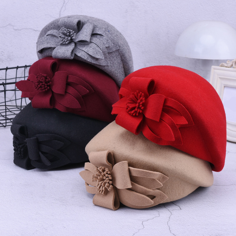 Autumn And Winter 100% Wool Berets Women Winter Felt Hats Lady French Beret Flower Wool Beret Caps