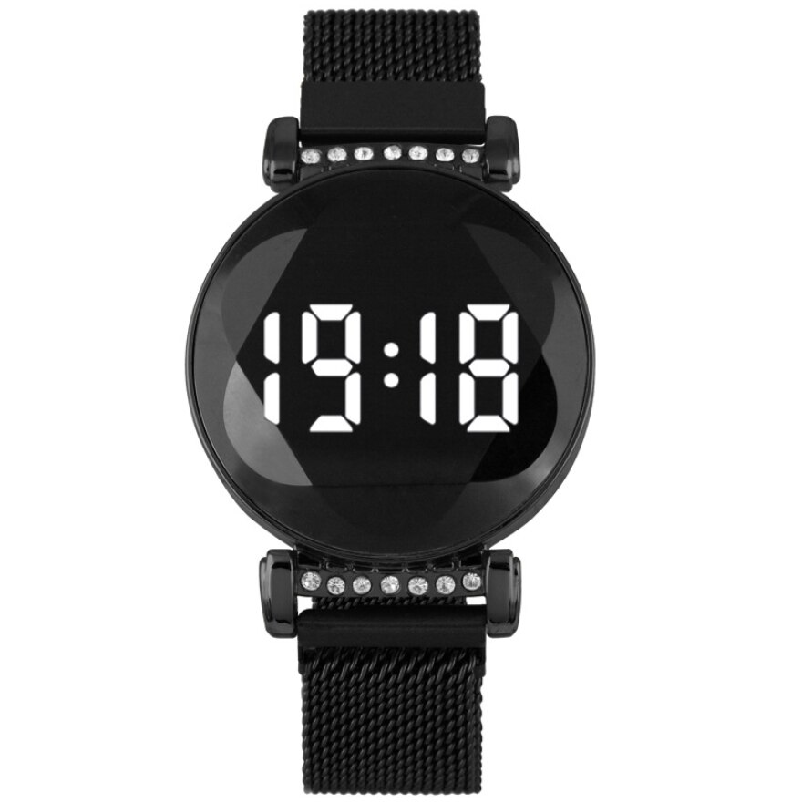 Meisjes trend elektronisch dameshorloge casual ronde led touchscreen dameshorloge magneetband damesstudentenhorloge: Zwart