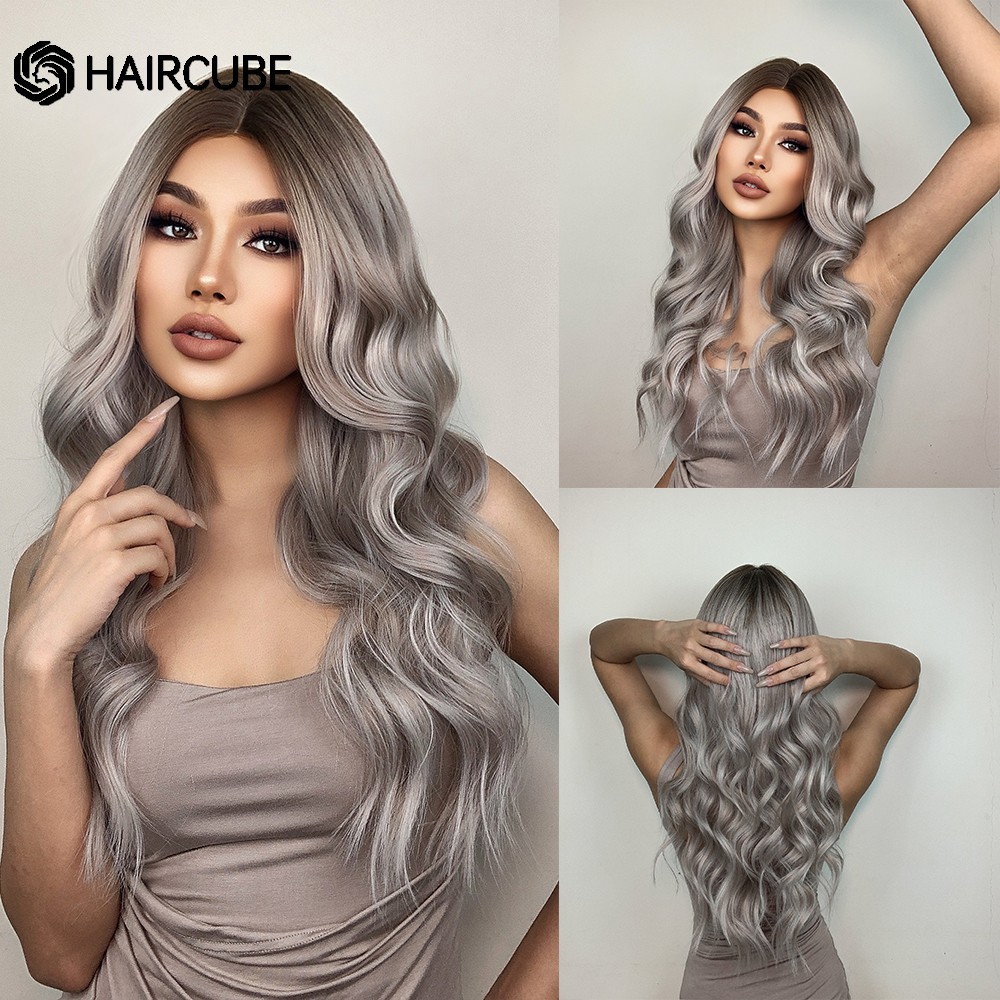 Haircube lang bølget syntetisk parykk lys blond parykker til kvinder med pandehår naturlig hårgrænse varmebestandig fiber paryk daglig fest paryk: Naturlig sort