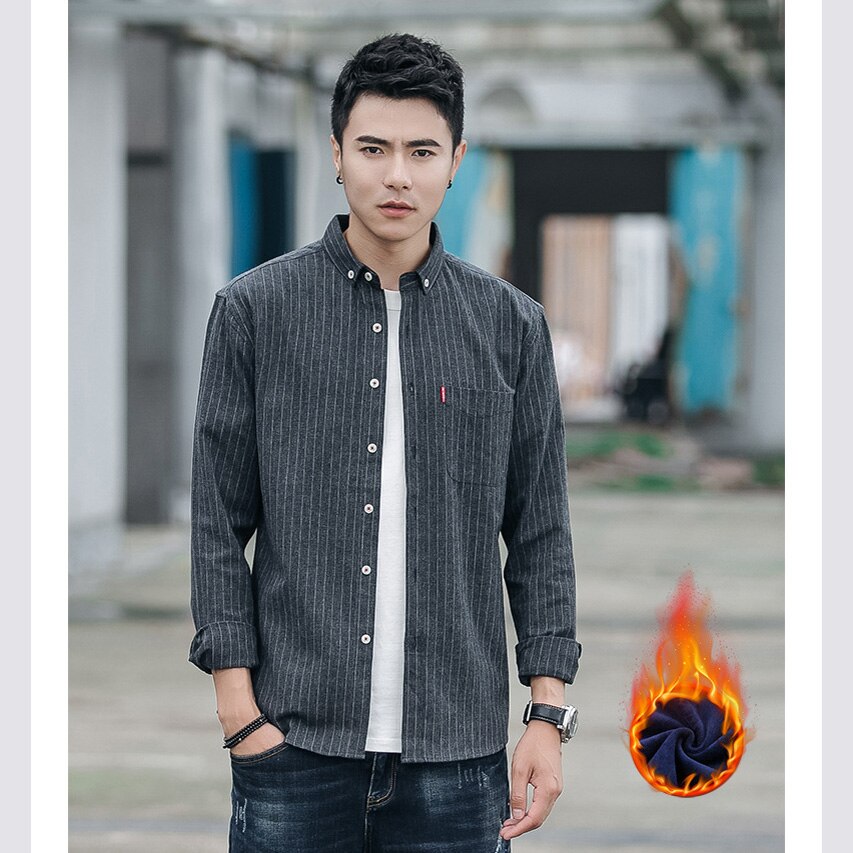 men shirt winter warm fast casual slim fit long sleeve strip shirt Compound fabric with fleece