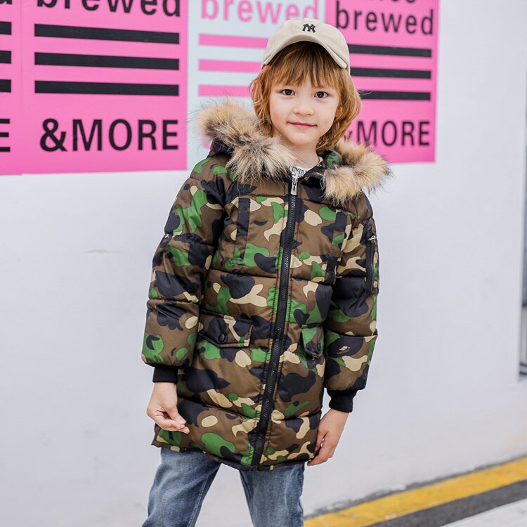Warm Thickening Winter Fur Collar Camouflage Long Child Coat Children Outerwear Windproof Baby Boys Girls Jackets 3-12 Years Old