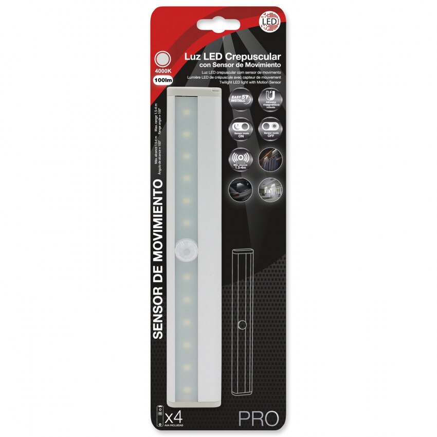 Mini Regleta LED con Sensor Crepuscular y Movimiento 1W 100lm Plateado 4000K 20000H 7hSevenOn