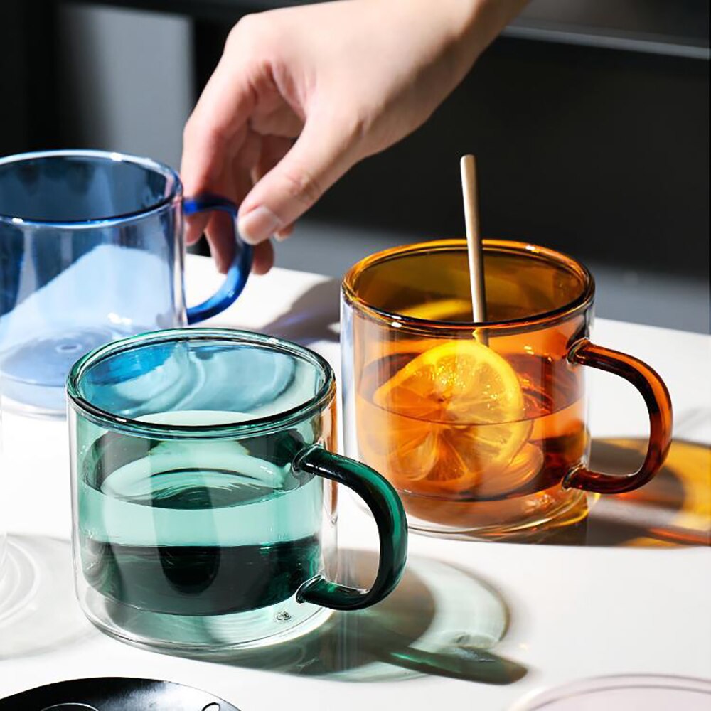 Vasos dobles de Color hechos a mano, tazas de cristal de borosilicato de alta resistencia al calor para el desayuno, tazas de 250ml para café, leche, jugo, avena