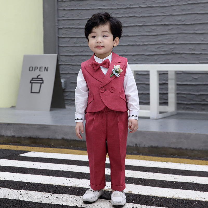 Spring Autumn Child Formal Dress Suit Set Boys First Birthday Party Performance Wedding Costume Kids Waistcoat Pants Clothing: red vest pants / 3T