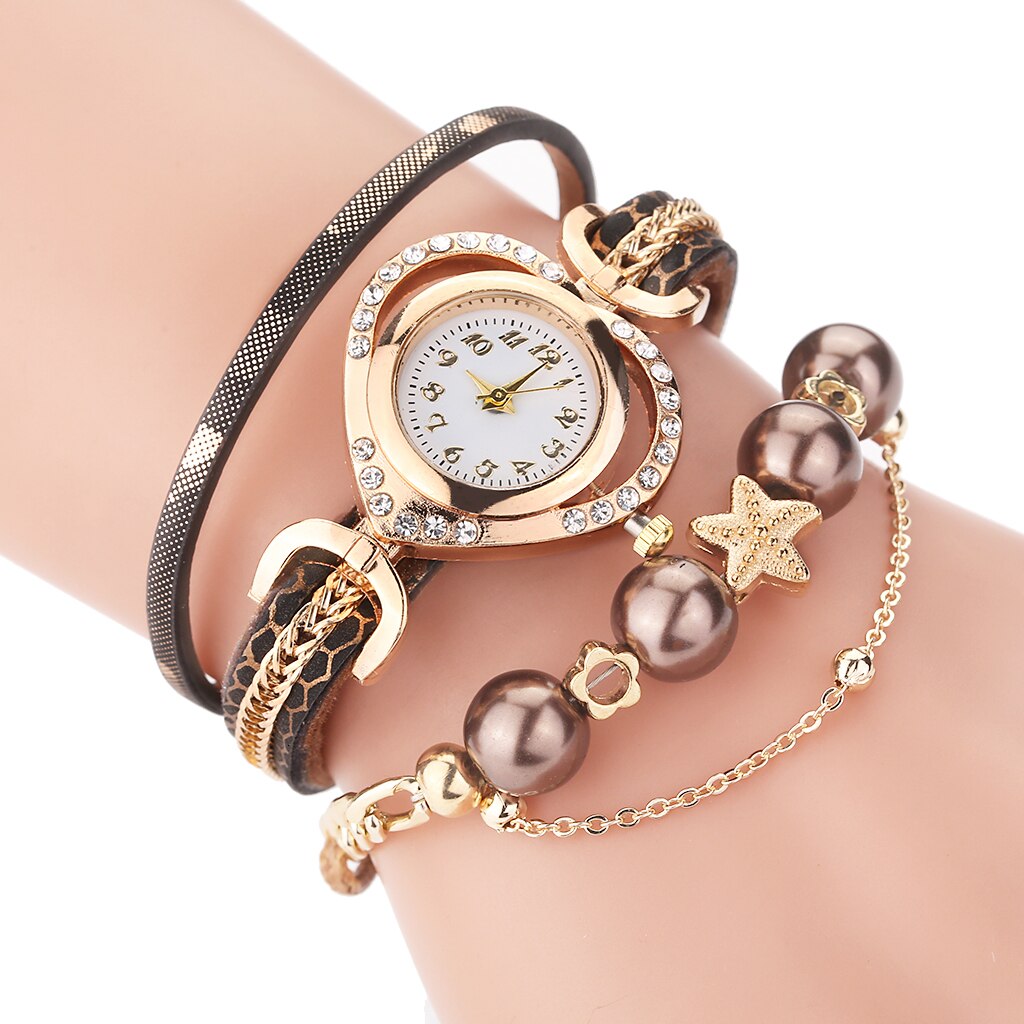 Dame armbåndsure med perlevedhæng luksus dame læder quartz rhinestone armbåndsure ur zegarek damski: Brun