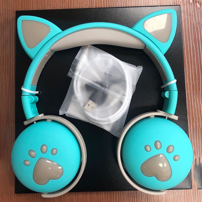 7.1 Stereo Cute Cat Bluetooth Wireless Headphone With Microphone Flashing light Noise Cancel Earphone Music Helmet Girl Kid: blue