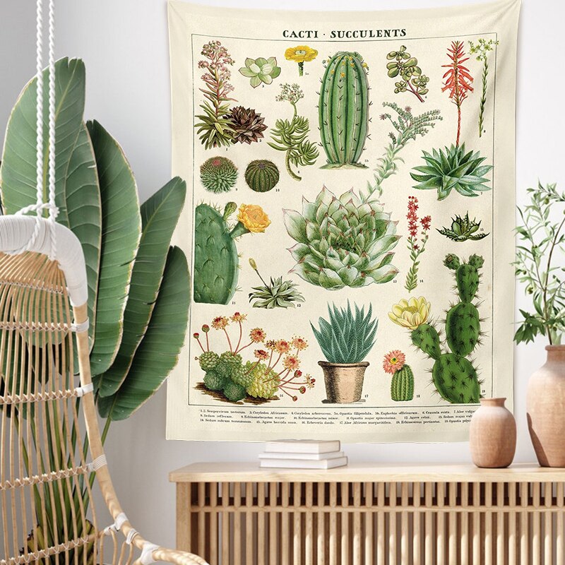 Botanisk kaktus billedvev veggheng retro kaktus sukkulenter soppkart hippie bohem psykedelisk hekseri hjemmeinnredning