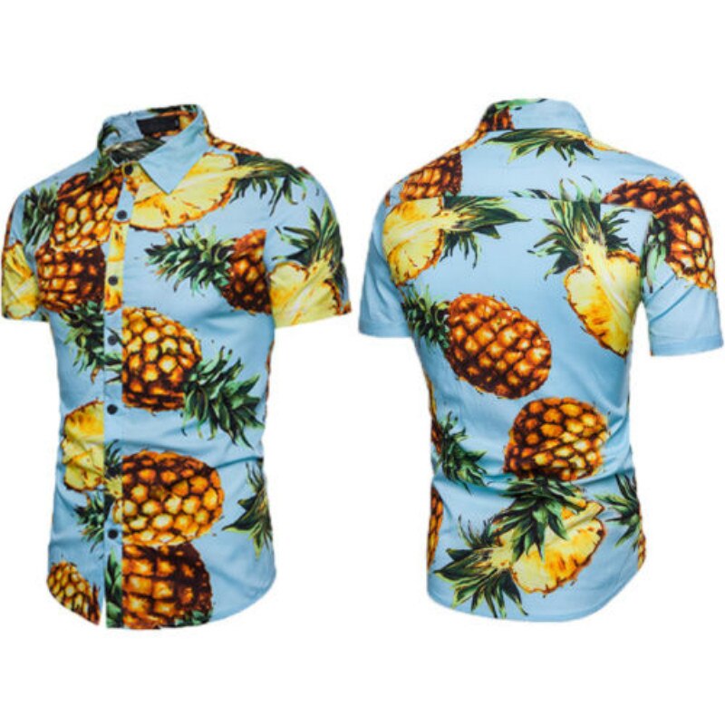 Miesten kesä ananasprinttipaidat rento lyhythihaiset havaijilaiset rantatopit alaspäin kaulus mies trooppinen camisa masculina paita