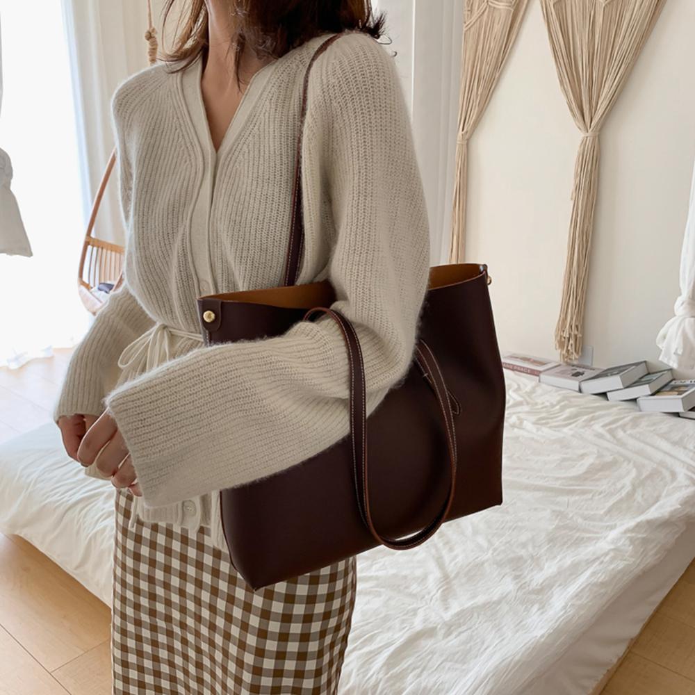 2 pièces/ensemble couleur unie PU sac à main femmes grande capacité décontracté dame épaule embrayage exquis sac à provisions