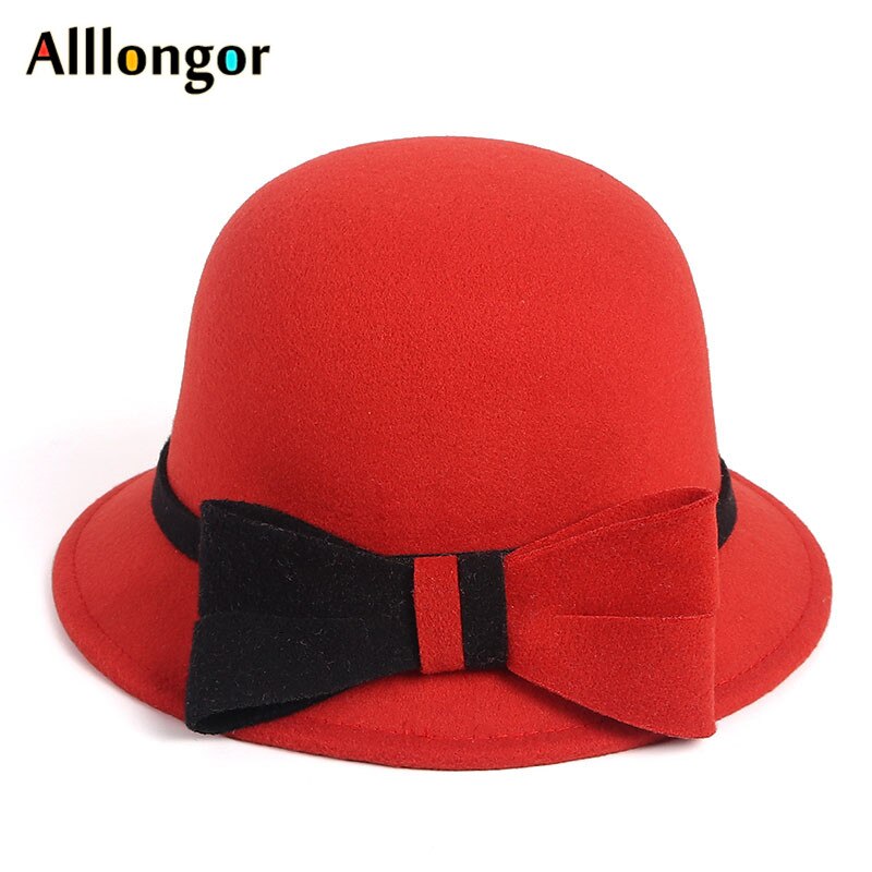 Wool Fedora Hat Women Winter Vintage Felt Hats ladies Bowknot Bucket Cap Black White dome Top Church bowler Hat: Orange