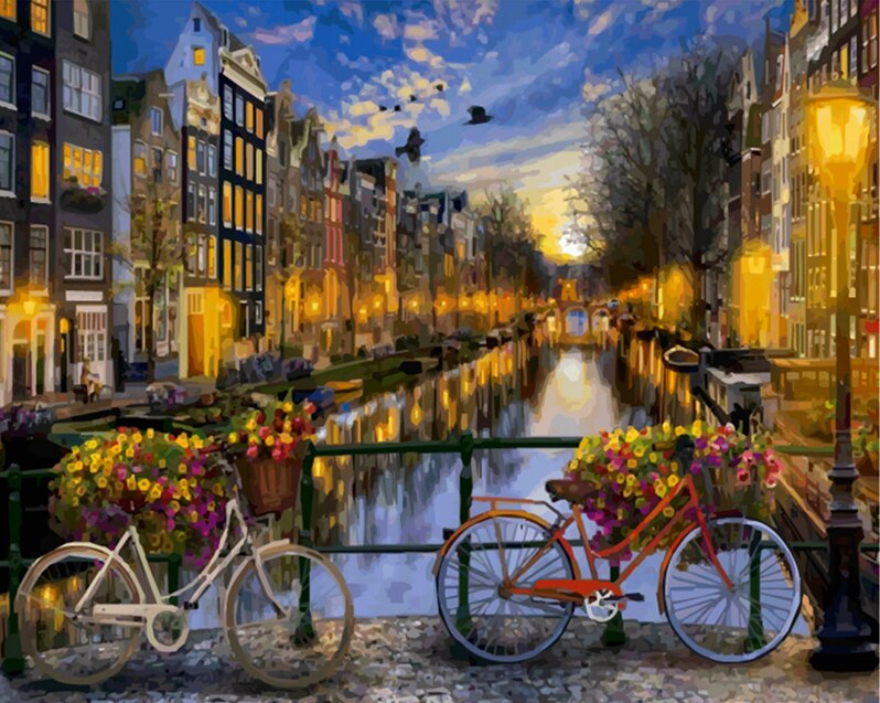 HUACAN, DIY, pintura al óleo por números, Kits de atardecer, dibujo de paisajes, cuadros pintados a mano, bicicleta, paisaje, decoración del hogar: SZHC1-100
