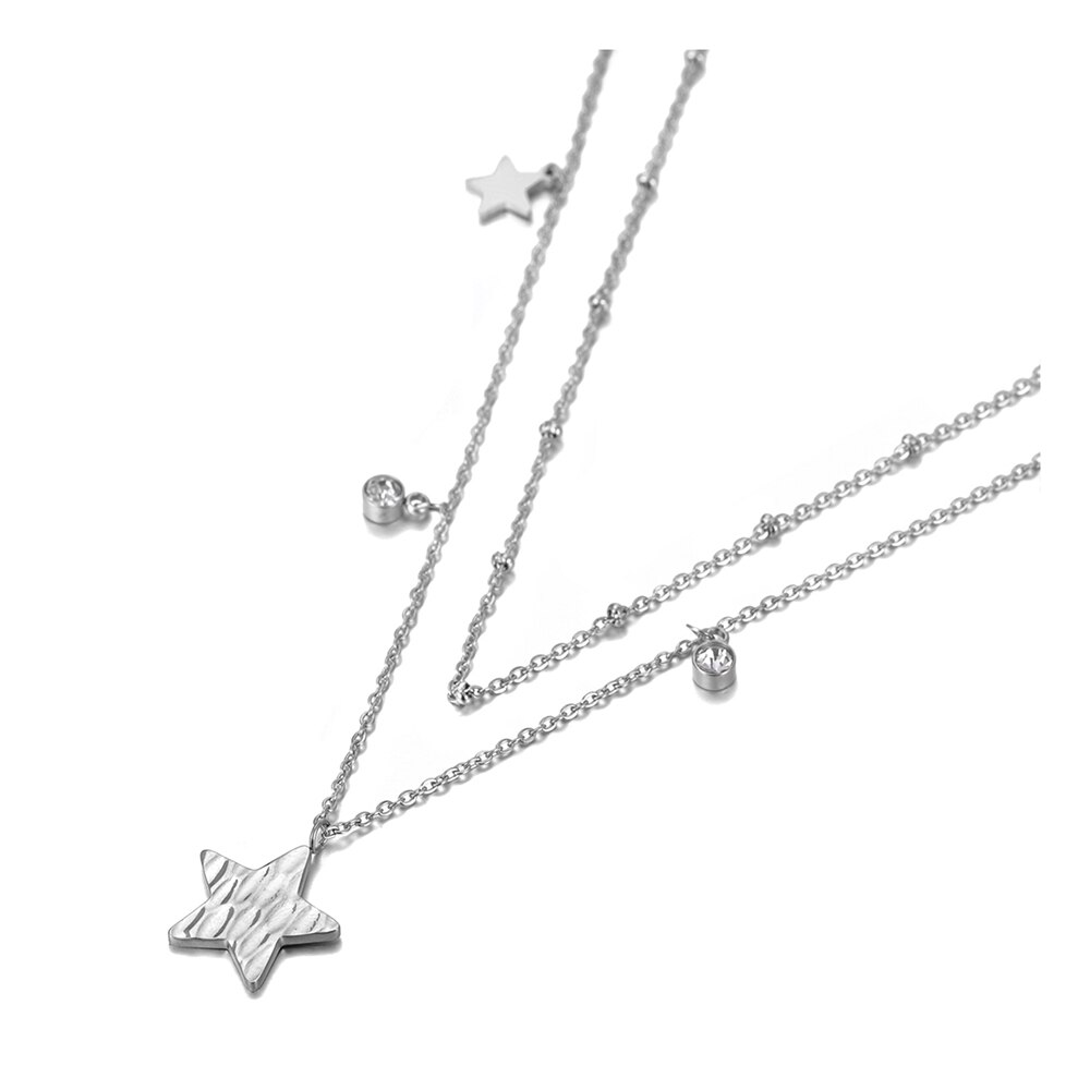 Lokaer Original Double Layer Star Pendant Necklace For Women Stainless Steel CZ Crystal Chain Choker Necklace N20130: Steel color