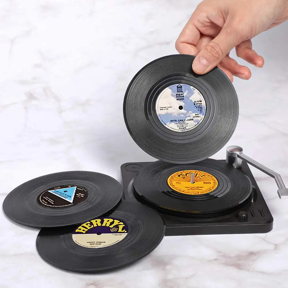 Posavasos de música de vinilo, juego de 6 con soporte para tocadiscos, posavasos de disco de registro Retro, alfombrilla creativa