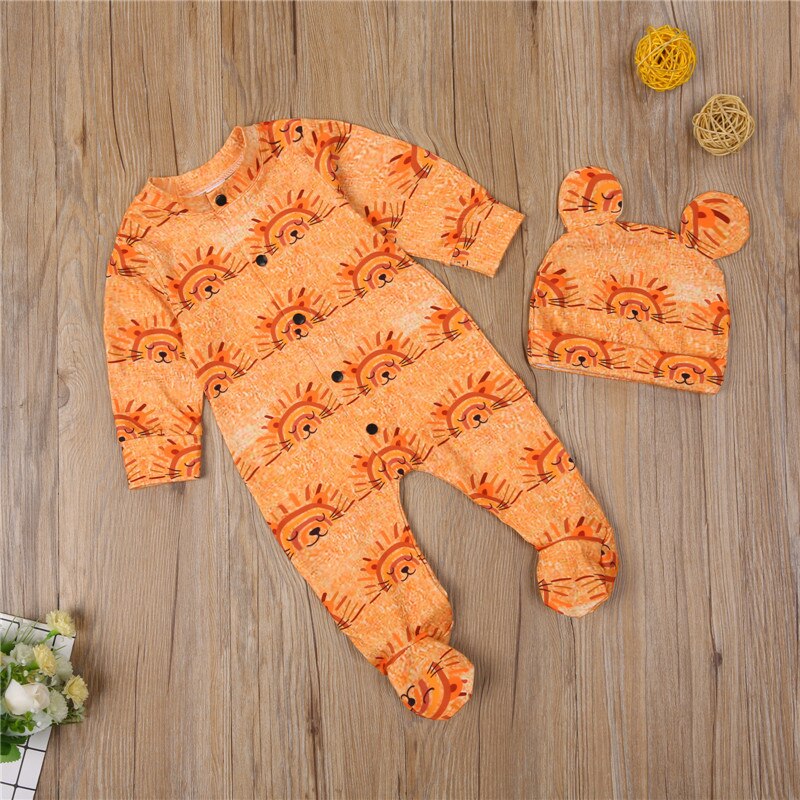 Infant Two-Piece Clothes Toddler Baby Boy Girl Set Orange Lion Printed Pattern Round Collar Jumpsuit+Cap Footies spring