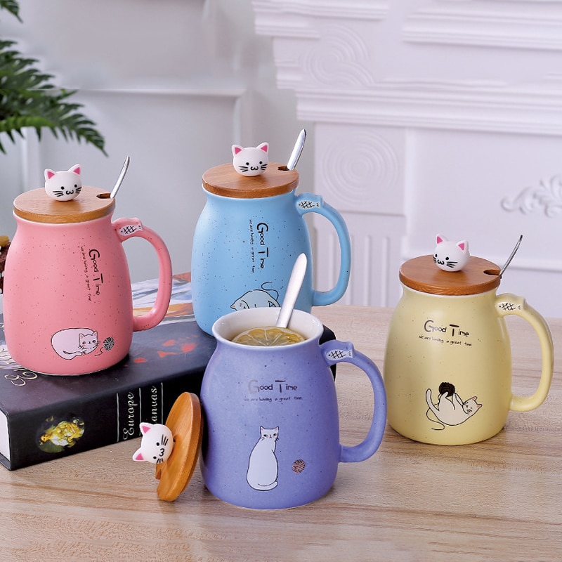 cute cat Mug cup heat-resistant cartoon taza with lid kitten coffee ceramic mugs children cup office Drinkware