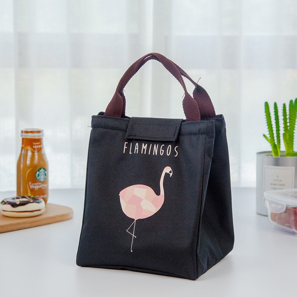 Ad alta Capacità Impermeabile Del Fumetto Sveglio Portatile Pranzo Al Sacco Isolato Termica Cibo Picnic Tote Bag Per Le Donne I Bambini della Scuola: Flamingo-Black