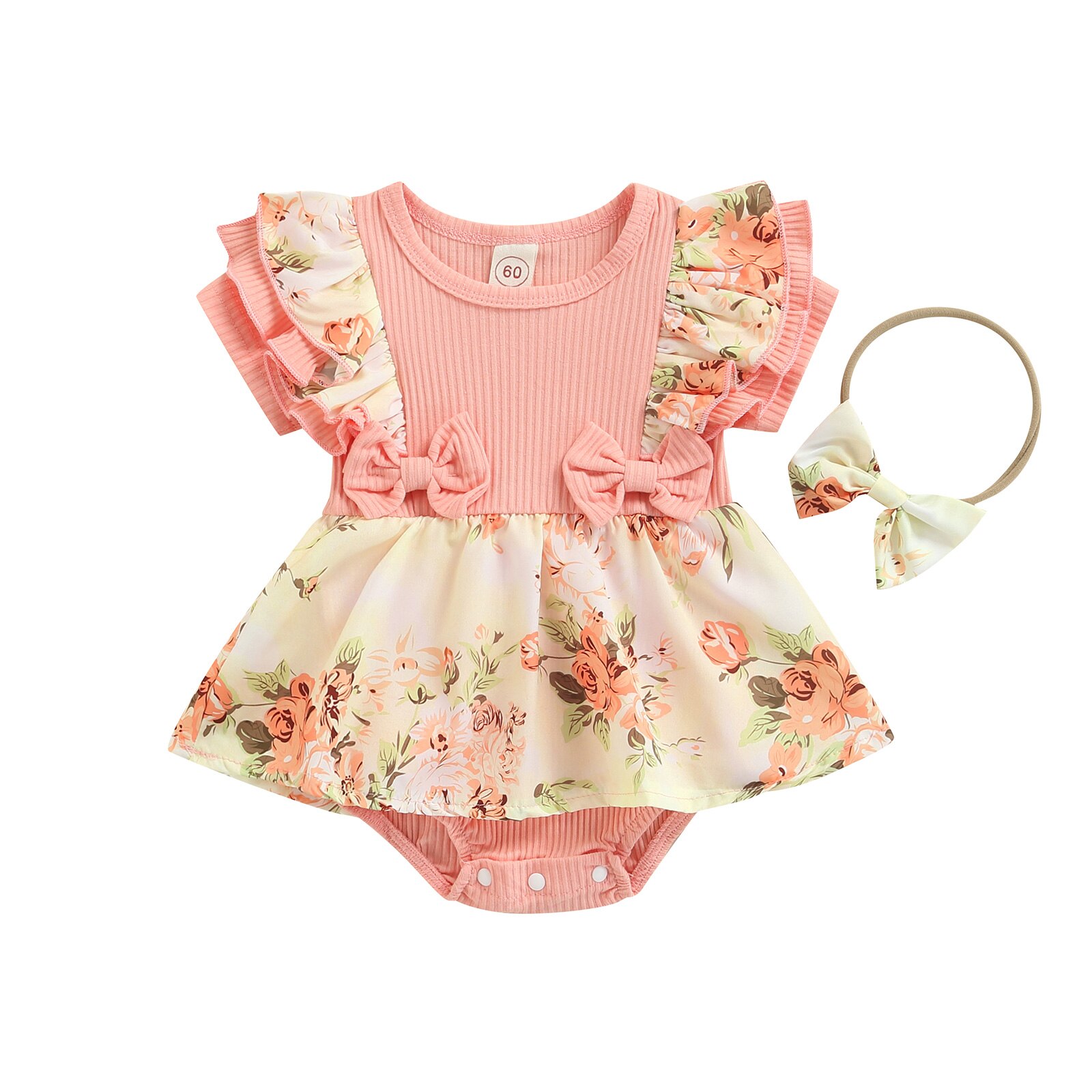 Ensemble 3 pièces pour bébés filles, vêtements imprimés floraux, en coton tricoté, manches courtes, bretelles, bandeau, tenue: A / 100