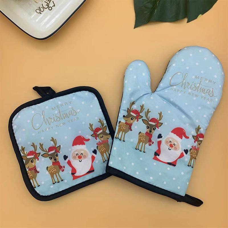 Fashionable Christmas Kitchen Utensils Printed Oven Gloves High Temperature Scalding Microwave Oven Heat Insulation Glove Set: 4