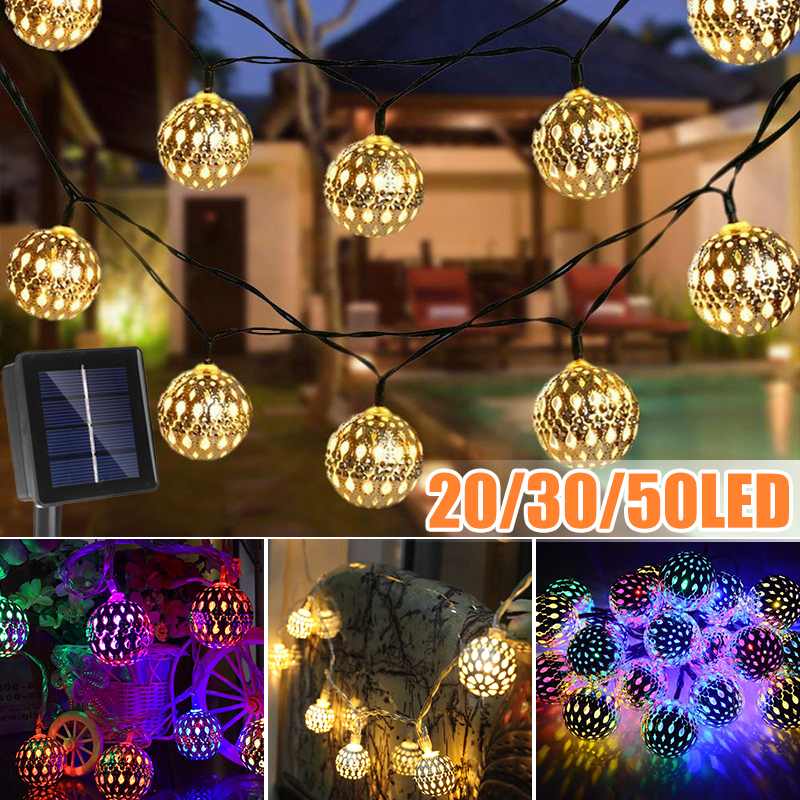 50/30/20LED Solar Tuin String Light Ourdoor Marokkaanse Metalen Bal Opknoping Lantaarn Fairy Light Outdoor Christmas Decor