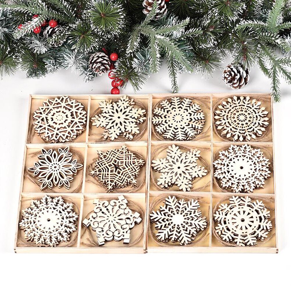 Kerstboom Sneeuwvlok Hout Chip, 24Pcs Kerstboom Opknoping Hanger Kerst Ornamenten Diy Hout Ambachten Met Trekkoorden
