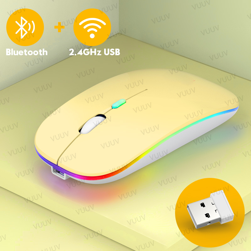 Bluetooth Wireless Mouse For Computer PC Laptop iPad Tablet MacBook With RGB Backlight Ergonomic Silent Rechargeable USB Mouse: Yellow