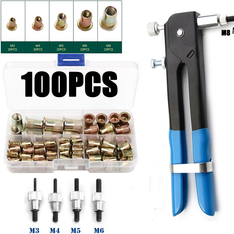 100/150/165/210pcs M3-M12 Multi Flat Head Metric Thread Blind Rivet Nut Insert Rivnut Nutsert Screw: 100pcs Carbon steel