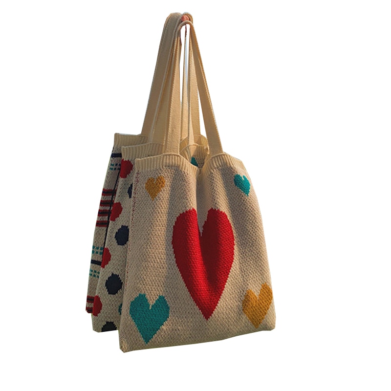 Knitting Bag Knitted Embroidered Shopping Bags Knitting Jacquard Pattern Cute Shopping Bag LadiesTeenagers Handbag