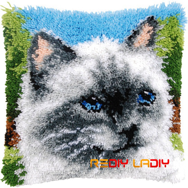 Låsekrok putetrekk katt & blomster hekle garn putetrekk trykt lerret heklet kunst og håndverk 43 x 43cm sovesofa pute: Bz739