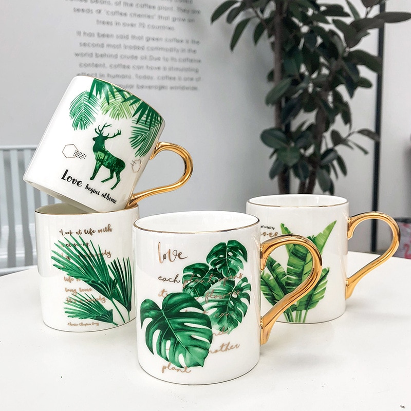 Gullhåndtak keramisk krus, personlighet tropisk plante mønster kaffekopp kontor virksomhet te krus drinkware krus