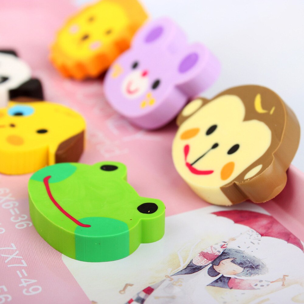 6 Pcs Cute Mini Animal Rubber Pencil Eraser Set Stationery Kids Children Pencil correction Art School /c