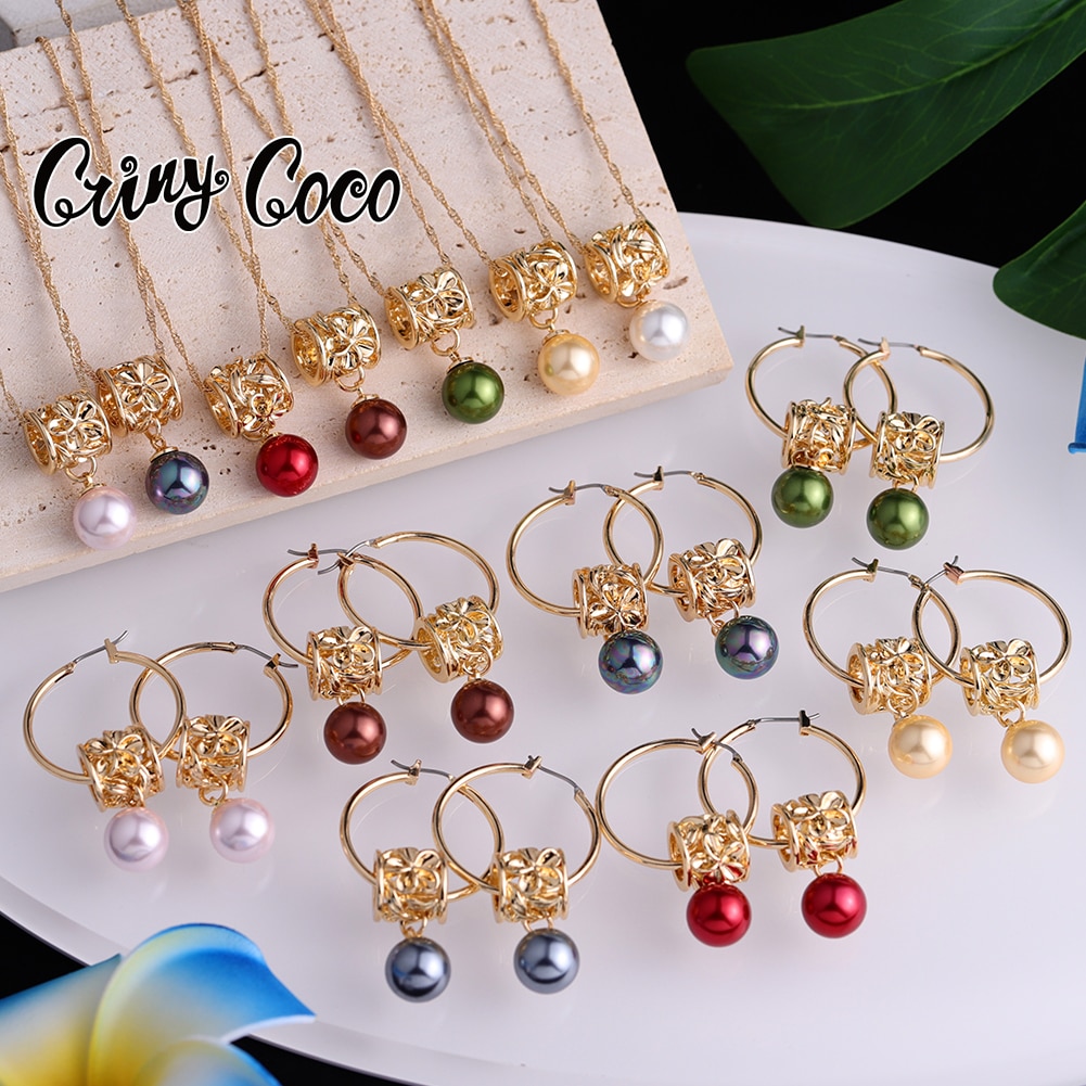 Mode-sieraden Sets Hawaiian Goud Vrouwen Parel Ketting Hoepel Earing Oorbellen Set Ketting Sets Voor Vrouwen Bruiloft Accessoires
