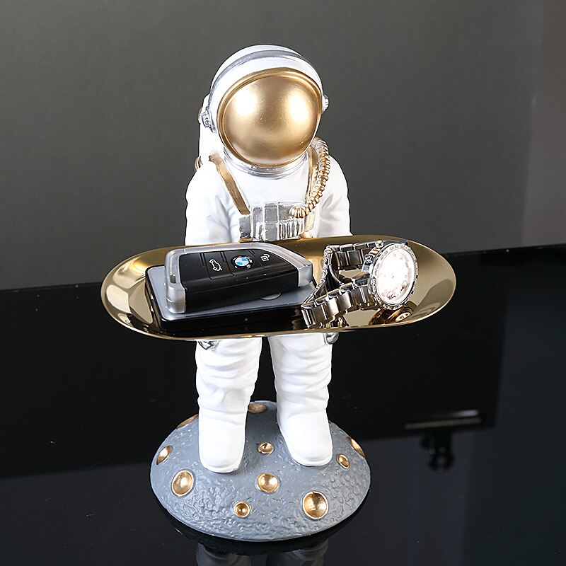 Leuke Astronaut Beeldje Met Lade Ruimte Man Hars Standbeeld Met Plaat Tafel Ornamenten Voor Thuis Tafel Decoratie Accessoires: White astronaut