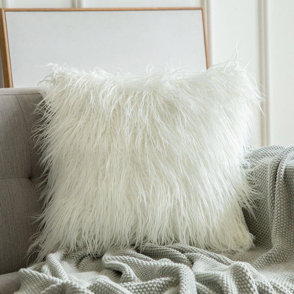 Artificial Wool Fur Sheepskin Cushion Cover Hairy Faux Plain Fluffy Soft Throw Pillowcase Washable Square Solid Pillow Case 45cm: white