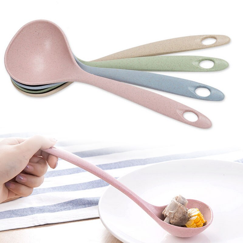 Cuillère à soupe de paille de blé de cuisine de couleur rose/Beige grande cuillère longue épaisse
