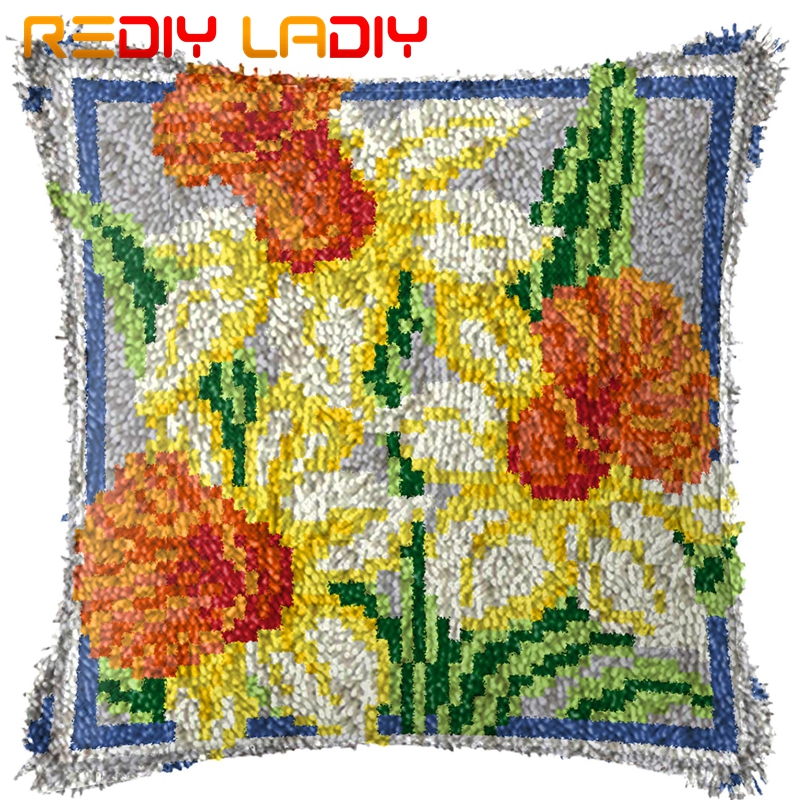 Latch Hook Kits Make Your Own Cushion Daffodil Flowers Printed Canvas Crochet Pillow Case Latch Hook Cushion Cover Hobby & Craft