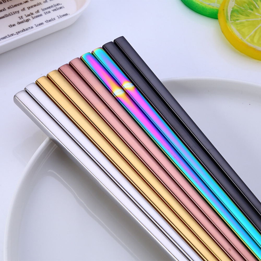 1 Pair 23cm Length Square Chopsticks Stainless Steel Titanium Gold Rose Gold Sushi Colorful Chopsticks #50g