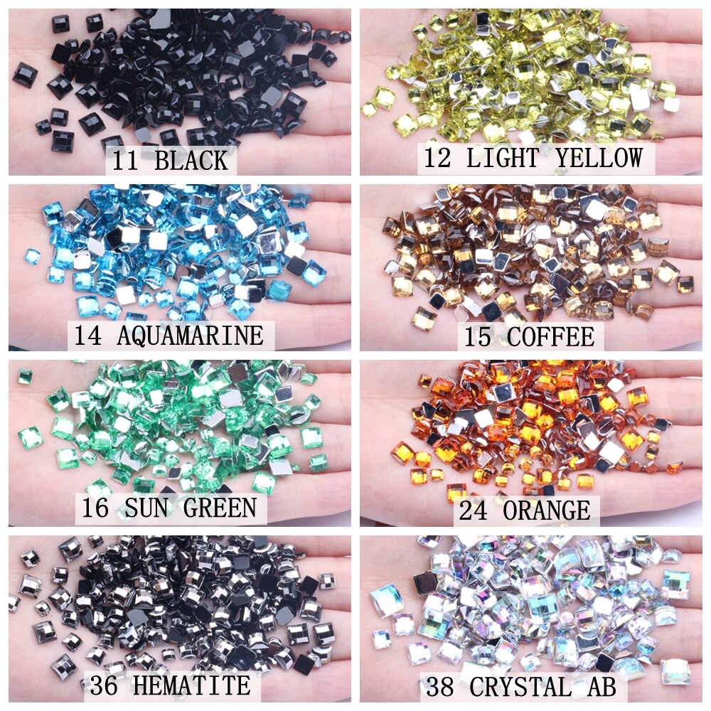 Strass acrílico formato quadrado 30 peças 12mm parte traseira plana terra facetas muitas cores cola traseira plana em contas diy decoração de arte de unha