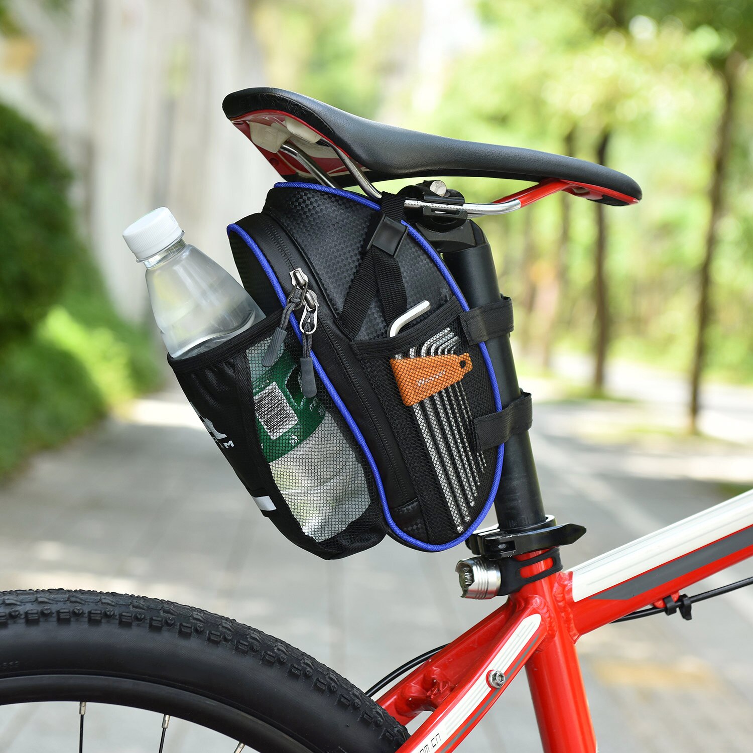Water Resistant Bike Saddle Bag with Reflective Cycling Under Seat Pack with Water Bottle Pouch for Mountain Bike Storage