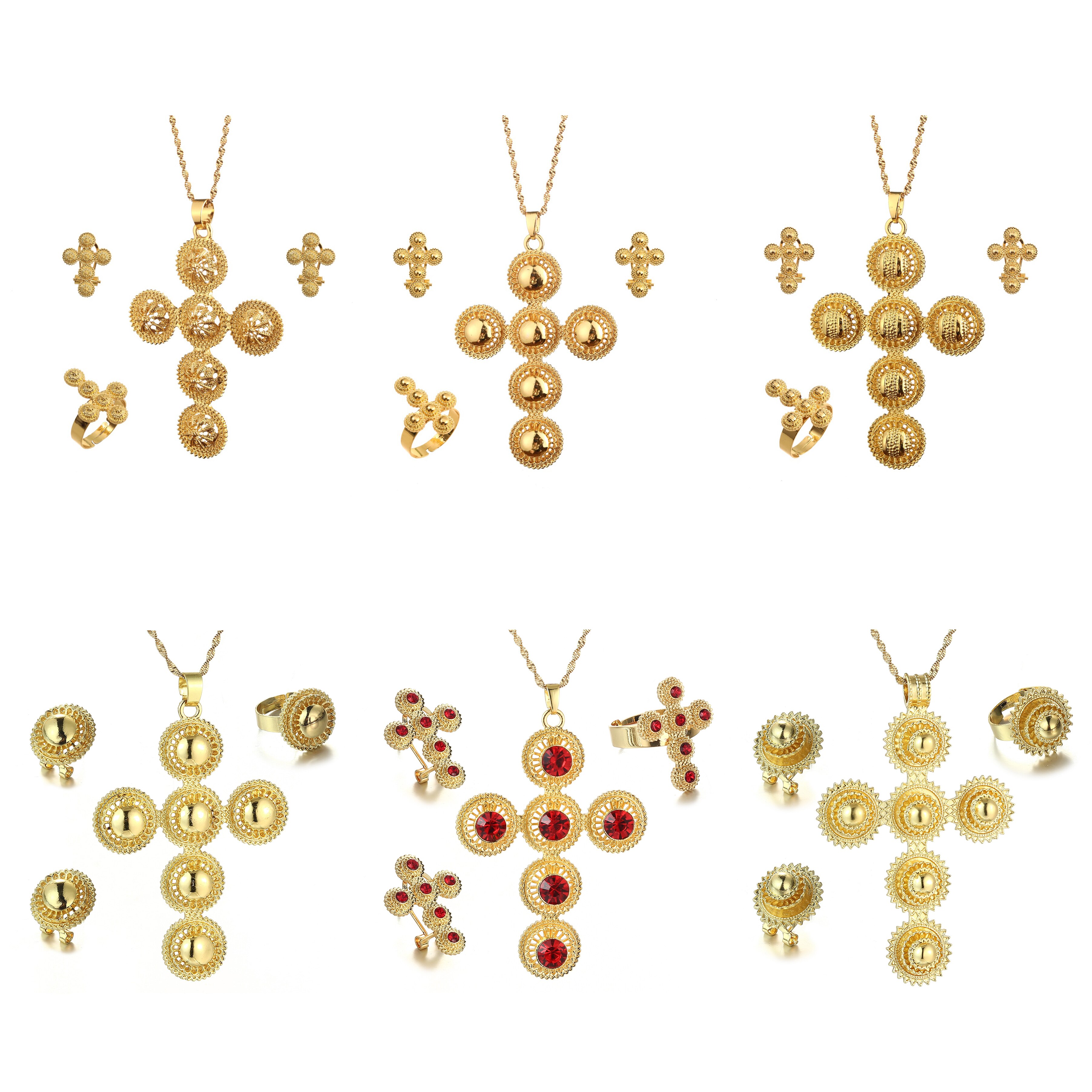 Ethiopische Traditiona Cross Sieraden Set Ketting Oorbellen Ring Ethiopië Gold Eritrea Sets Voor Vrouwen Habesha Wedding Party