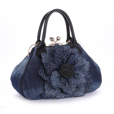 Brand 3D denim roses flowers shoulder bag embossed Beautiful Women Casual handbag girl messenger bags dress Vintage Bag: black