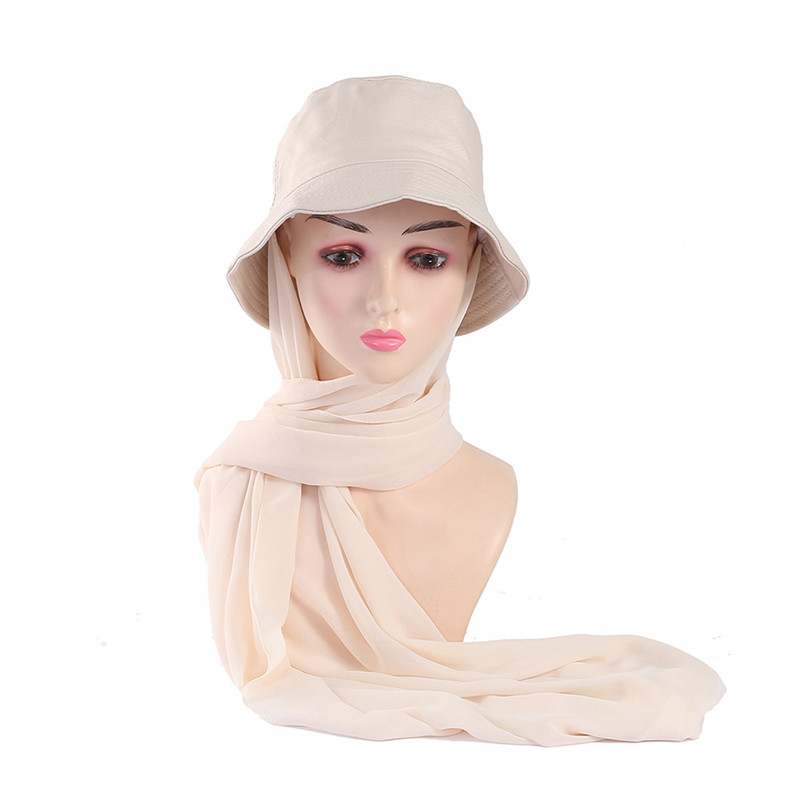 Chapeau avec Hijab en Mousseline de Soie pour Femme Musulmane, Casquette de dehors d'Été, Prêt à vitation, Hijab Instantané, Écharpe de Sauna Islamique, , E27: Café léger