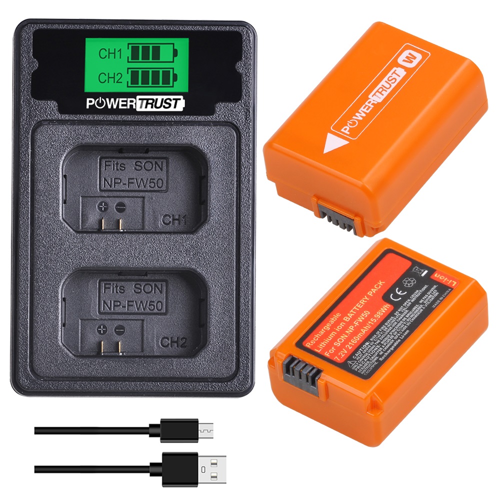 Batería y cargador NP-FW50, Compatible con Sony Alpha A6000, A6400, A6100, A6300, A6500, A5100, A5000, A3000, A55, serie 7: 2 pack kit