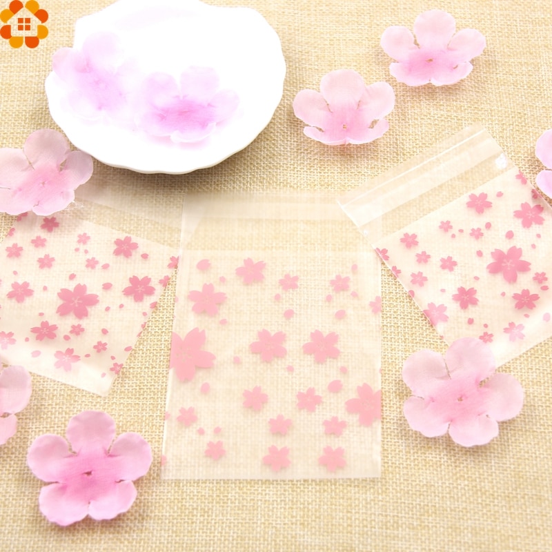 100 st/lot 3 storlekar härliga rosa körsbärsblommor kaka & godispåse självhäftande plastpåsar för kex snacks bakpaket