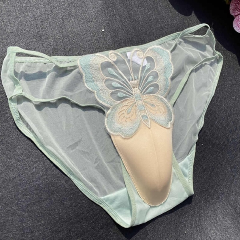 Sexy Men's Lace Underwear CD Cross-dressing Briefs Low-Waist Mesh Hollowed Transparent Butterfly Embroidery Underpants Underwear