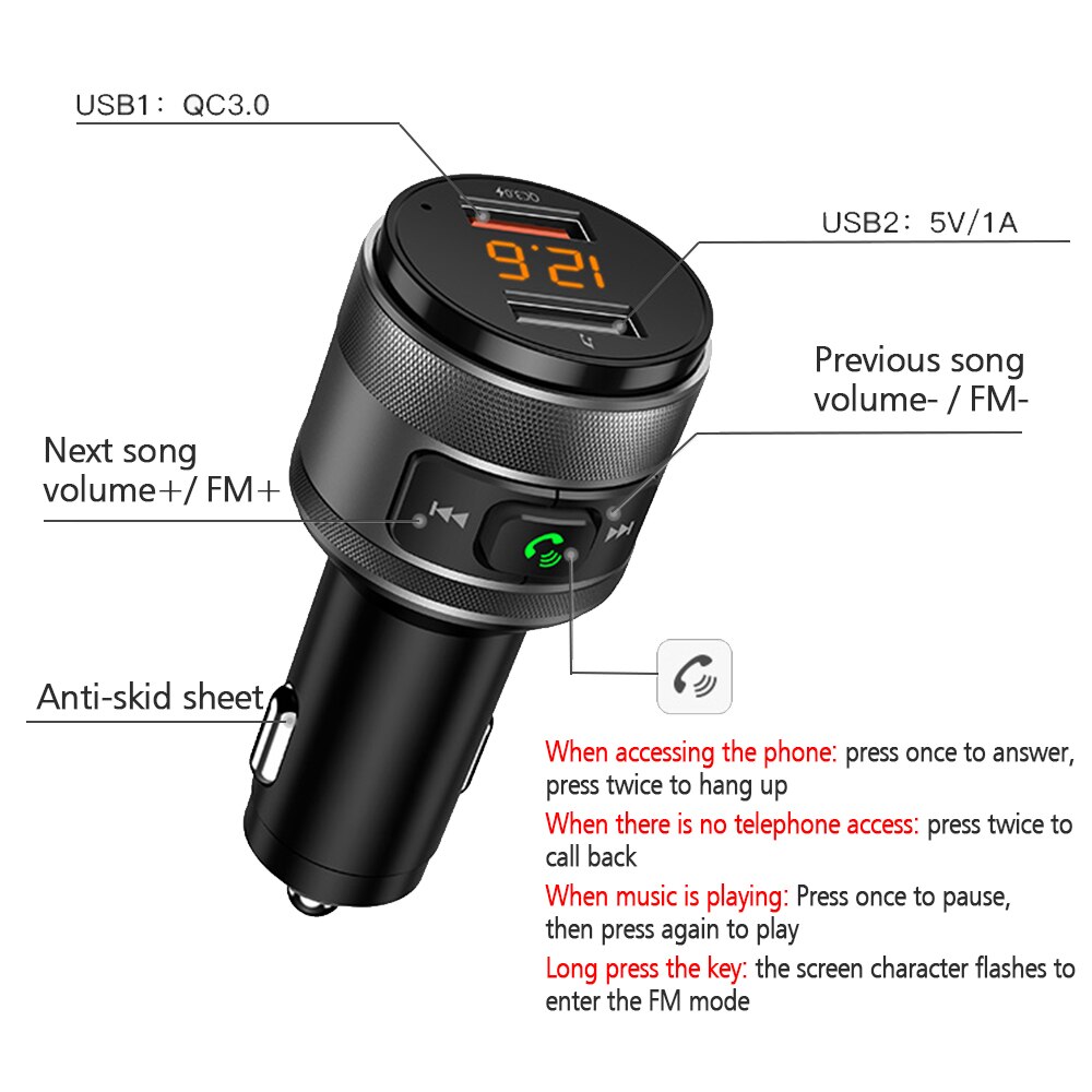 C57 Car Fm Transmitter Bluetooth 4.2 Car Charger QC 3.0 Car Charging Fast Charger QC3.0 Hands-free Dual USB Smart Chip Charger