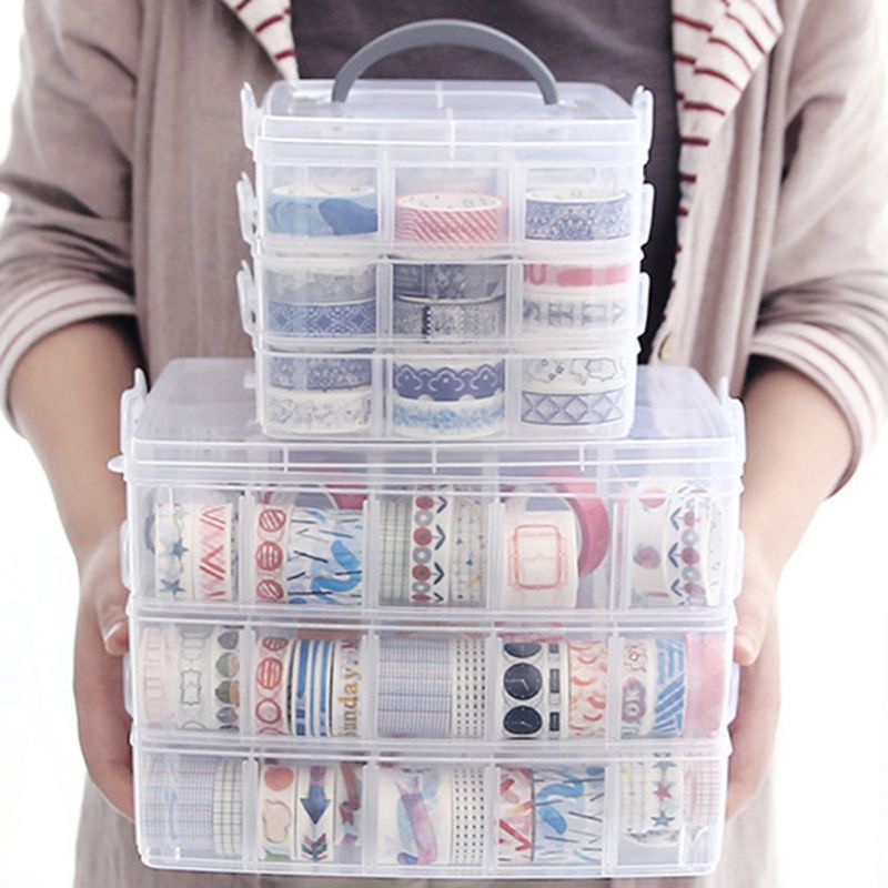 3-Layer Transparent Storage Box Clear Stationery Organizer Cosmetics Tape Art Supplies Case Holder with Detatchable Compartments